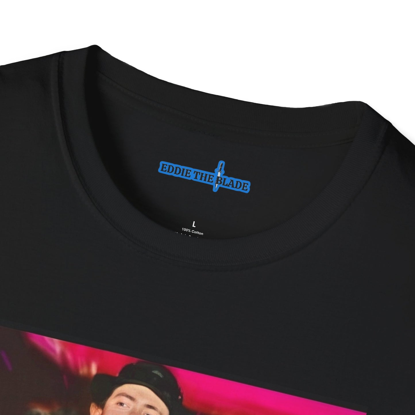 Eddie the blade ladys T-Shirt (black w/photo/blue logo