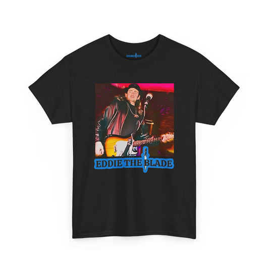 Eddie the blade black mens t-shirt w/photo/blue logo