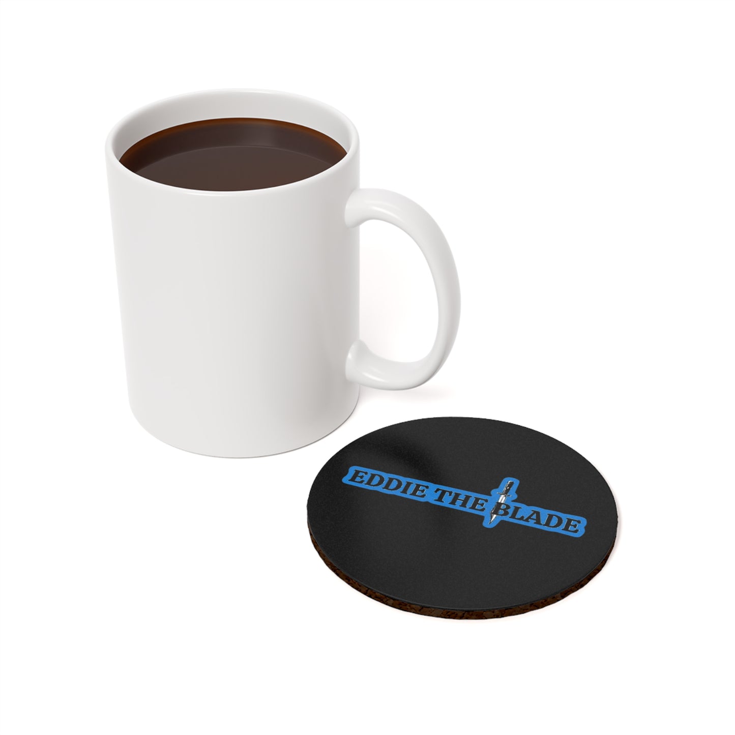 Eddue the blade round drinking coaster color black w/blue logo