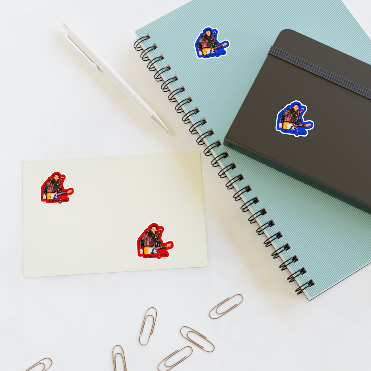 eddie the blade photo w/logo Stickers red/blue