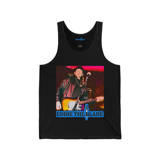Eddie the blade black mens Tank top w/photo /blue logo