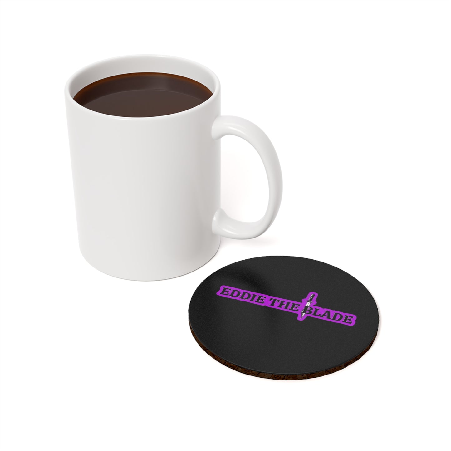 Eddie the blade round drinking coaster color black w/purple logo