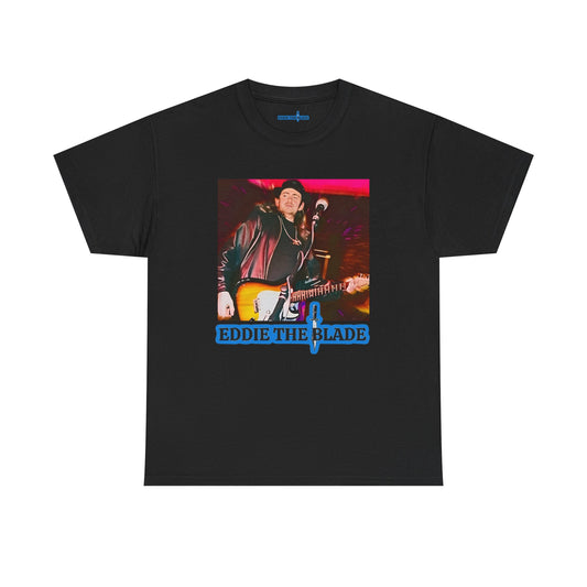 Eddie the blade black mens t-shirt w/photo/blue logo