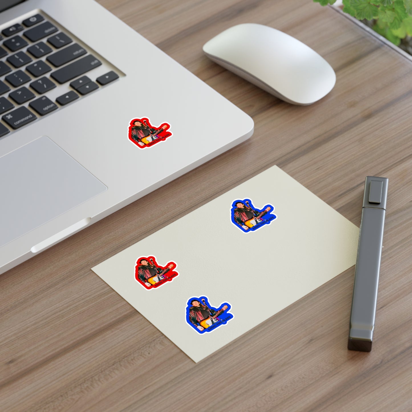 eddie the blade photo w/logo Stickers red/blue