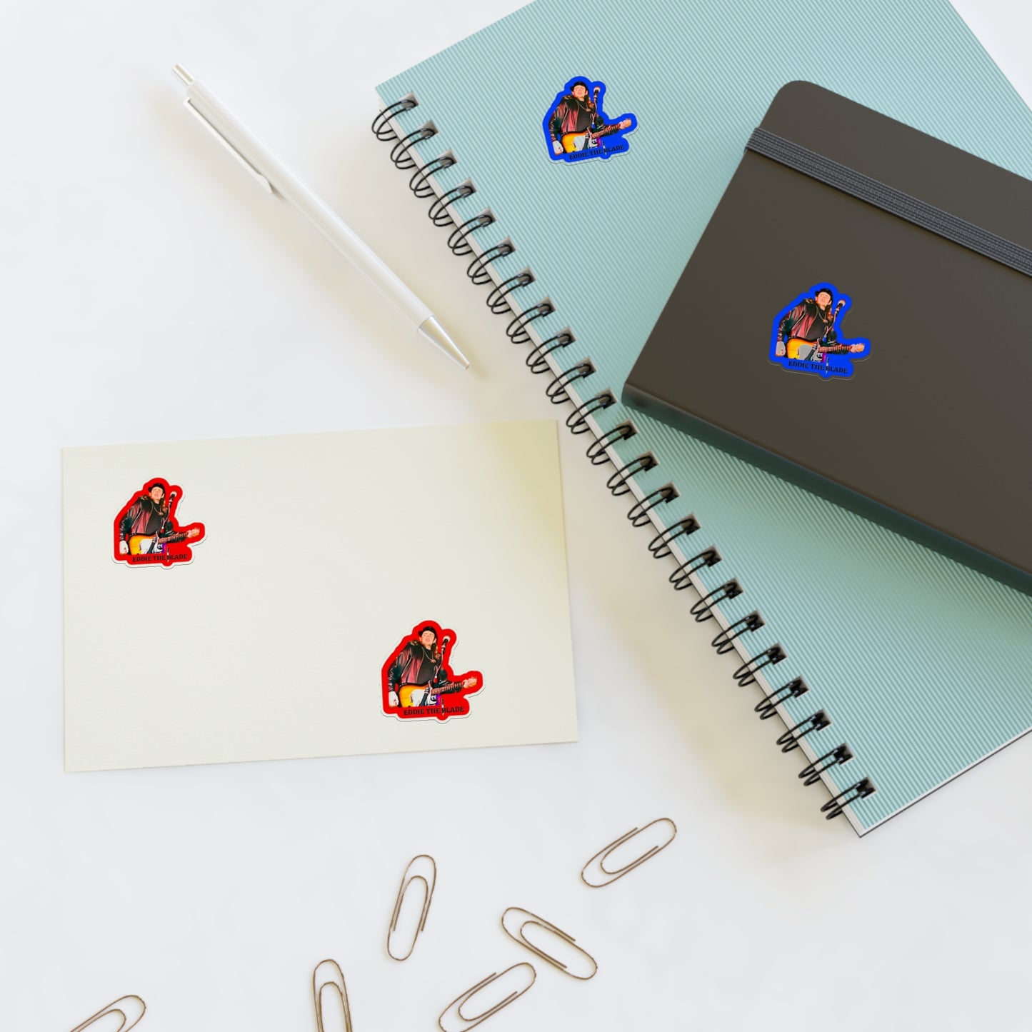 eddie the blade photo w/logo Stickers red/blue