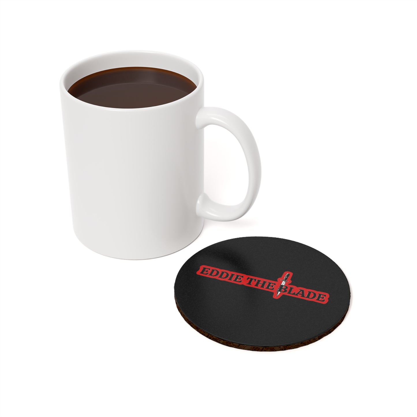 Eddie the blade round drinking coaster color black w/red logo