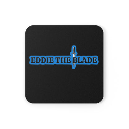 Eddie the blade black drinking coaster w/blue logo