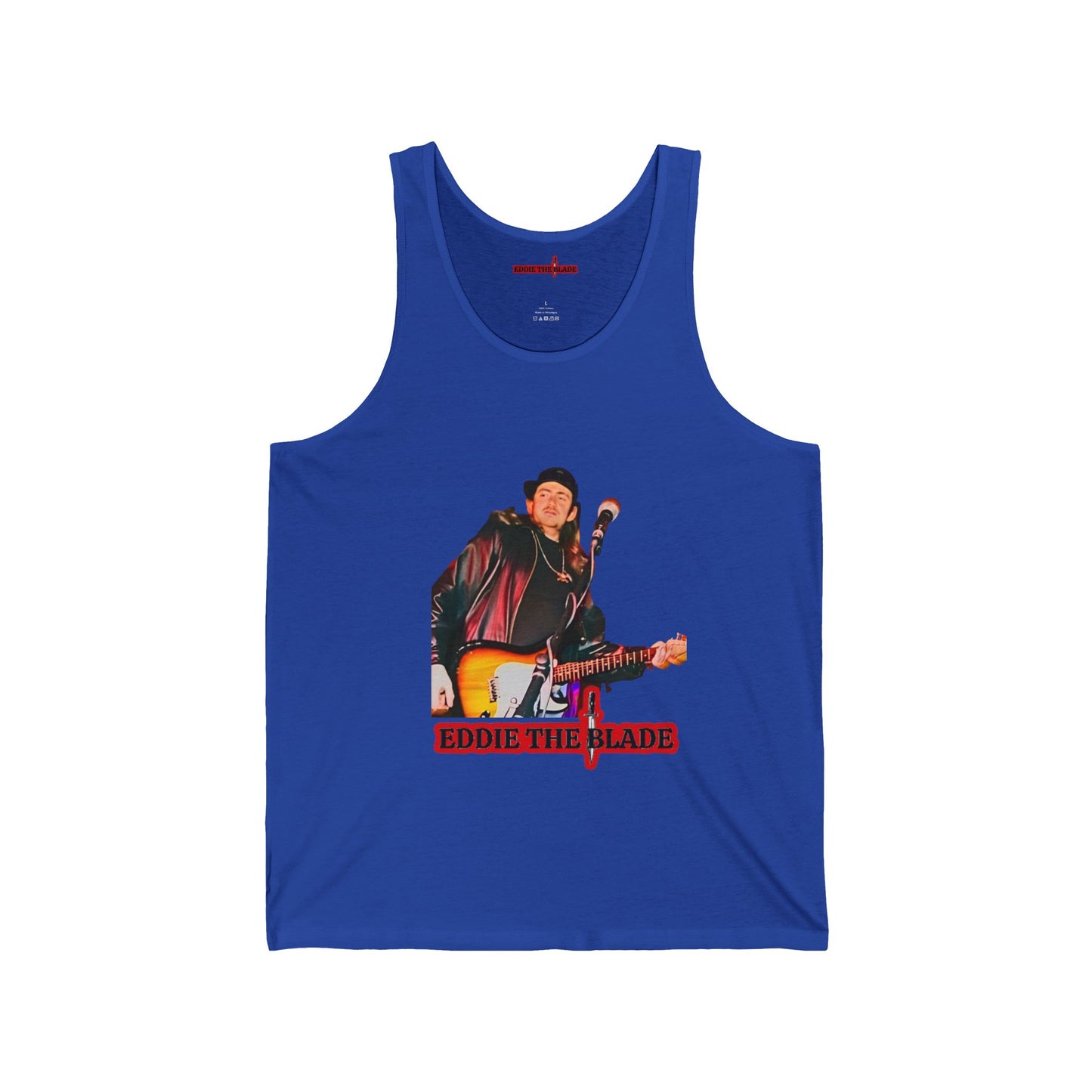 Eddie the blade mens blue tank top w/photo/red logo