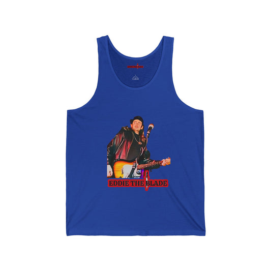 Eddie the blade mens blue tank top w/photo/red logo