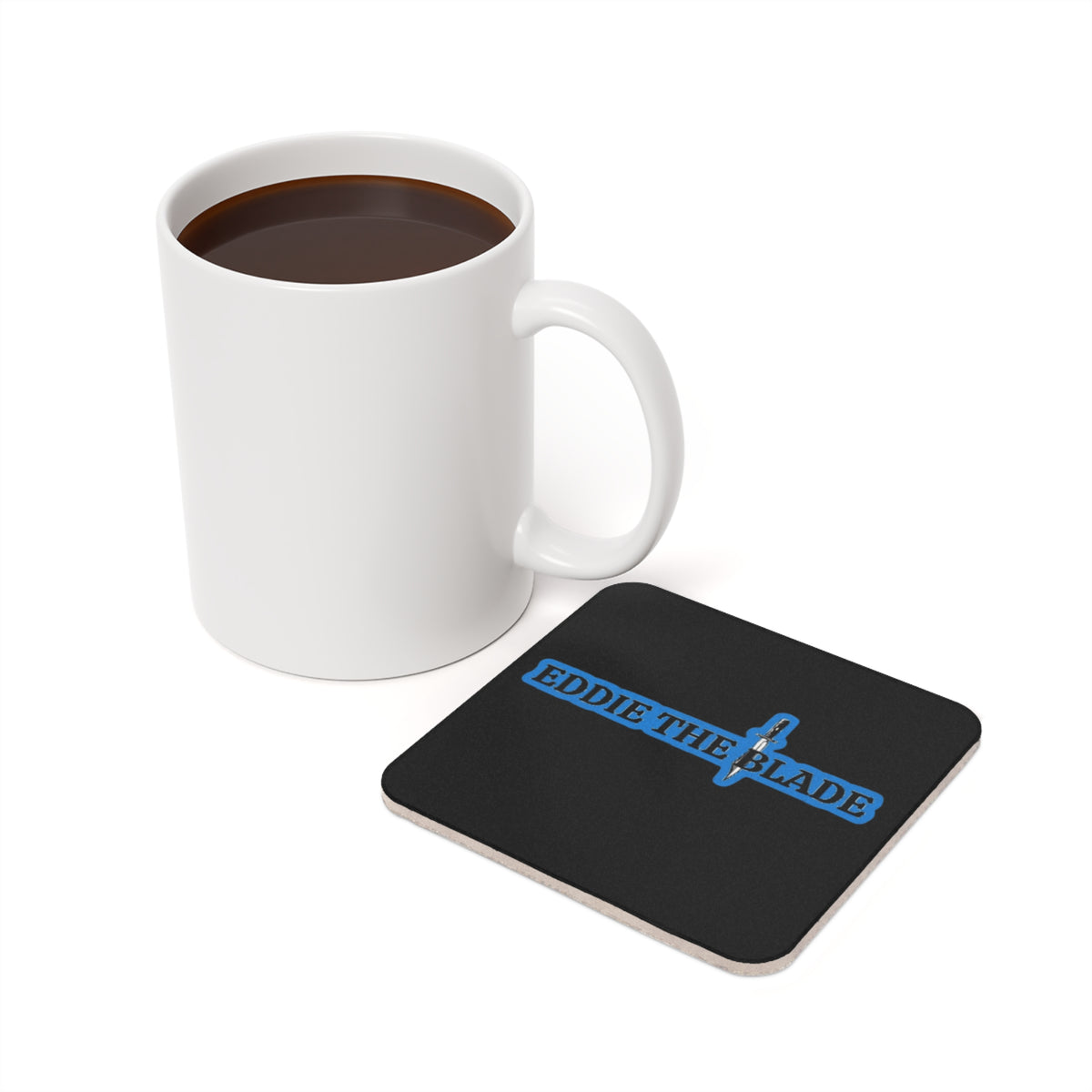 Eddie the blade black drinking coaster w/blue logo