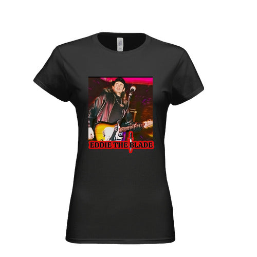 Eddie the blade black lady's t-shirt w/photo/red logo