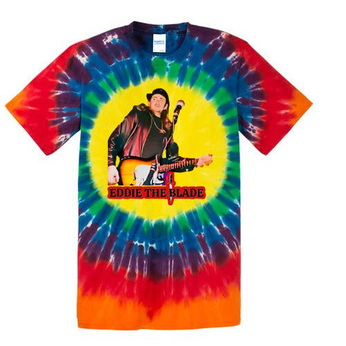 Eddie the blade red red rainbow tie die t-shirt