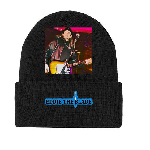 Eddie the blade black beanie w/photo/blue logo