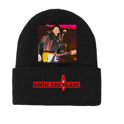 Eddie the blade black beanie with photo/red logo