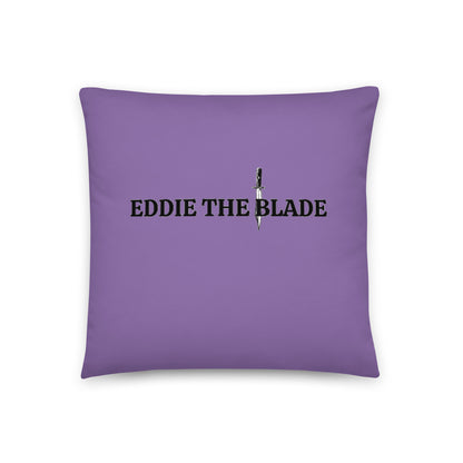 Eddie the blade purple throw Pillow with logo (small)