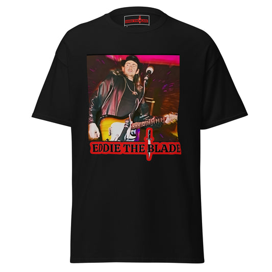 Eddie the blade black t-shirt w/,red logo