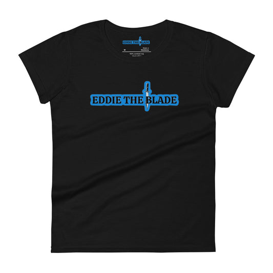 Eddie the blade black ladys  t-shirt w/blue logo